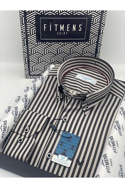 Fitmens Slim Fit Long Sleeve Lycra Striped Collar Buttoned Gift Boxed Men's Shirt Fs- 003669   - Dark Gray