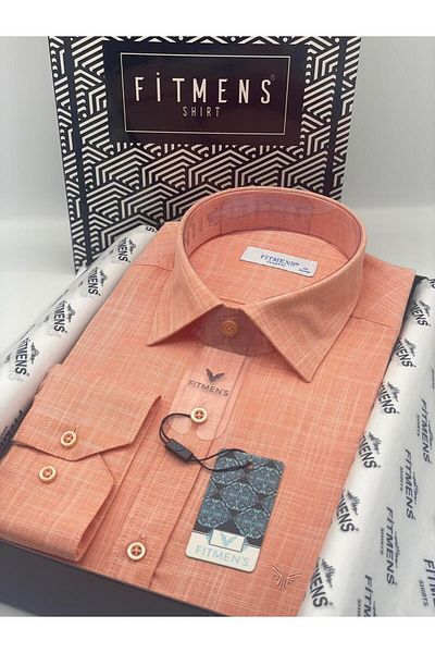 Fitmens Men's Linen Collar Shirt - Long Sleeve, Bottom Button, Gift Box Fs- 003686   - Orange