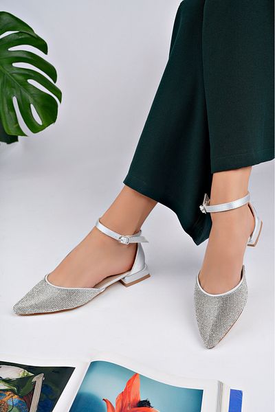 TOLGSHOES Women's Silver Satin Stone Short Heeled Evening Dress Ballet