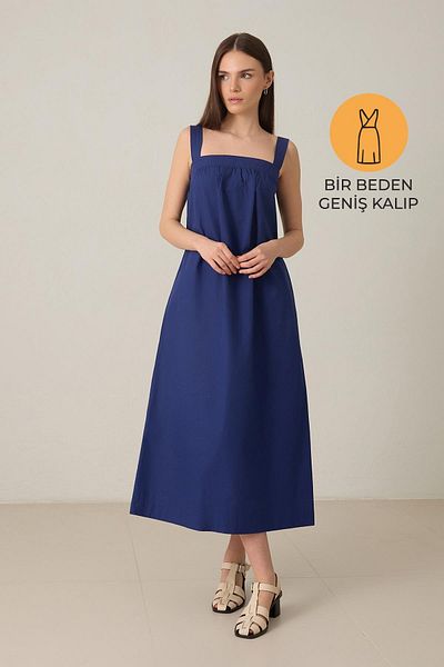 Setre Μπλε Navy Wide Fit Φόρεμα Midi με τετράγωνο γιακά με λεπτομέρεια βαμβακερής ραφής