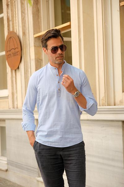 Fitmens Slim Fit Long Sleeve Prevailing Neck Half Placket Gift Boxed Men's Shirt Fs- 003687   - Blue