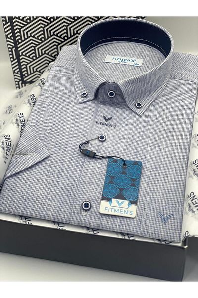 Fitmens Classic Short Sleeve Linen Collar Buttoned Men's Shirt with Gift Box Fs- 003626   - Blue