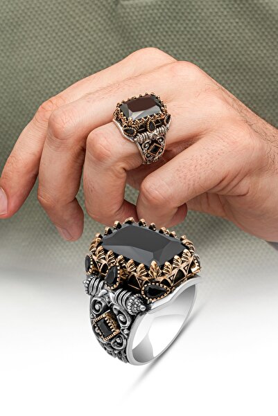 ALYANSEVİM Siyah Taşlı 925 Erkek Gümüş Yüzük Erkek