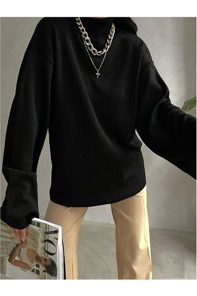 lovebox Women's Turtleneck Flounce Sleeve Black Sweater 6637