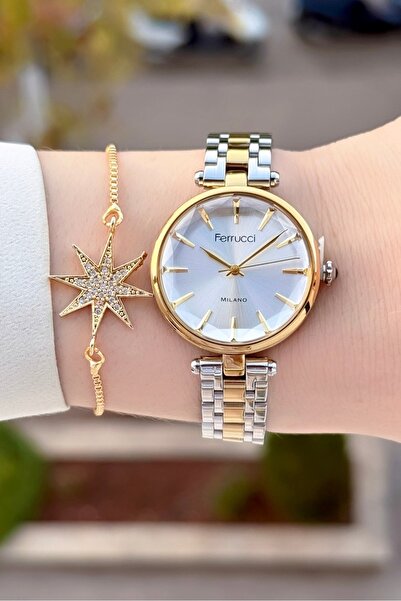Ferrucci Sarı Silver Renk 24 Ay Garantili 35 Mm Kadın Kol Saati ve Bileklik