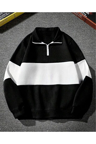 EVIus Siyah Beyaz Parçalı Renk Yarım Fermuarlı Polo Yaka Sweatshirt Içi Polar...