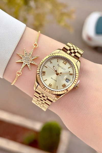 Ferrucci Altın Renk 2 Yıl Garantili 35 Mm Kadın Kol Saati Ve Bileklik