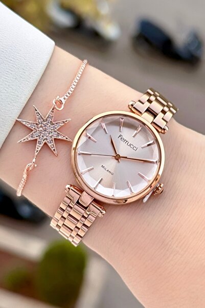 Ferrucci Bronz Renk 2 Yıl Garantili 35 Mm Kadın Kol Saati Ve Bileklik