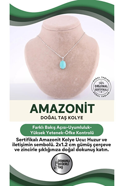 OSMANLI DEĞERLİ TAŞ Sertifikalı Amazonit Doğal Taş Gümüş Çerçeveli Ve Zincirl...