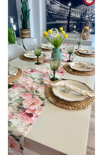Decamor home Runner roz ecru cu model floral rezistent la pete