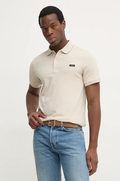 Calvin Klein Men's Beige Polo Neck T-Shirt - Cotton Woven Fabric, Logo, K10K 112751 -Pea