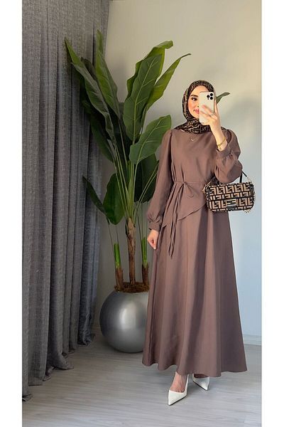 Molly Nelly Women's Shawl Collar Detail Long Summer Brown Dress