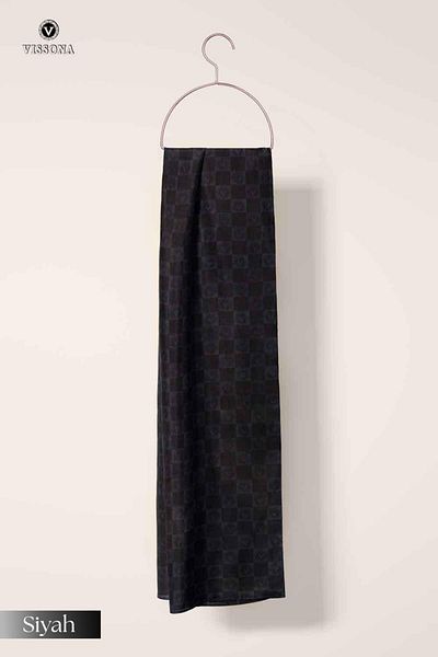 Vissona 57% Silk 43% Cotton Monogram Patterned Black Color Shawl - 70X190 Stitching Type Italian Stitched