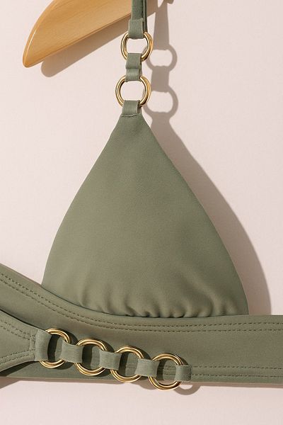 Urrenn Gold Ring Detailed Semi-Brazilian Triangle Bikini Set Green |   Unassisted, Beach Wear