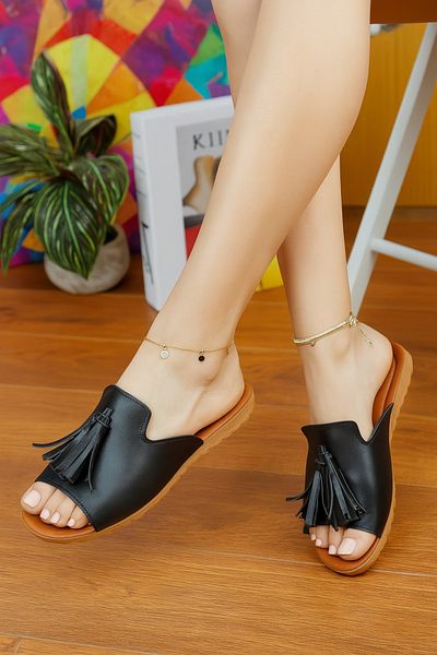 Moda Frato Papuci de damă Wzy Black Tassel - pentru uz exterior și acasă
