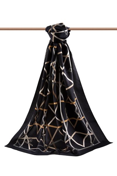 Vissona Πολυτελές Medina Silk ριγέ μοτίβο μαύρο - γκρι χρώμα 75x195 Ανθεκτικό σάλι Moss Crepe Τύπος ραφής Ιταλία