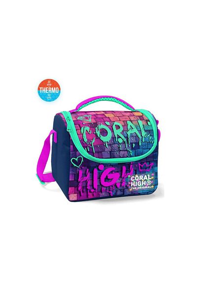 Coral High Pink Navy Blue Graffiti Written Thermo Lunch Box 11769
