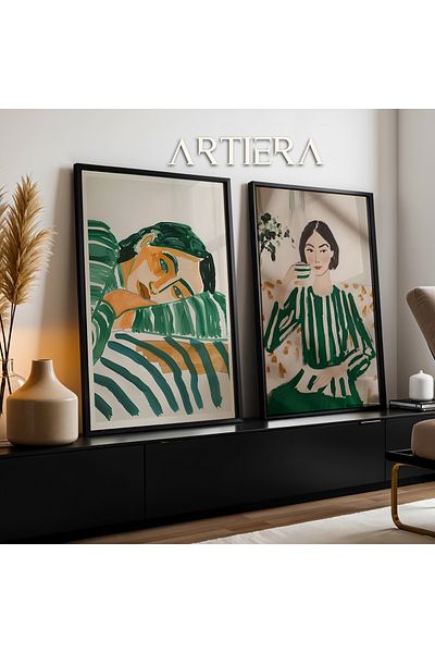 HİGUERA Figurine de odihnă și portret cu dungi verde smarald Pictură murală cu două rame din lemn natural
