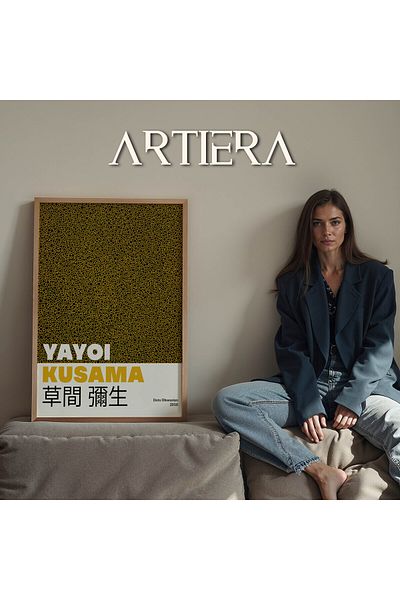 HİGUERA Yayoi Kusama Celebrul pictor Galben Puncte negre Vintage Japandi Art Pictură de perete cu rame din lemn