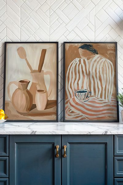 HİGUERA Ceramică naturală și figură în dungi KTB Pictură de perete de bucătărie cu cadru din lemn natural