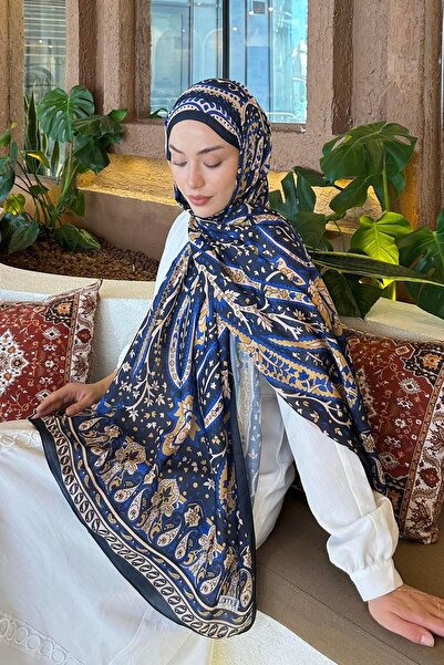 lamelif.com Retro Desen Pamuk Şal Lacivert Gold