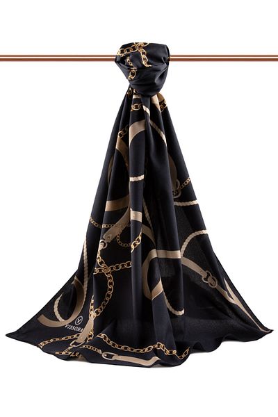 Vissona Luxury Medina Silk Chain Belt Patterned Black Colored 75X195 Wrinkle Free Shawl Moss Crepe Stitching Type Italy