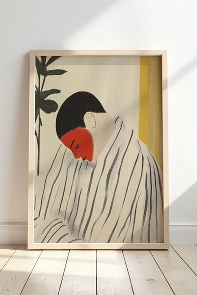 HİGUERA Portret elegant în dungi Minimal și modern Art Touch Pictură într-un cadru din lemn natural