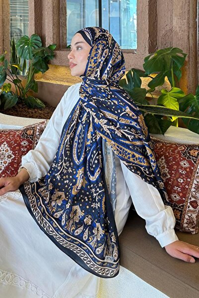 lamelif.com Retro Desen Pamuk Şal Lacivert Gold