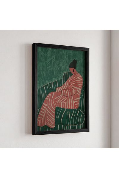 HİGUERA Red Abstract Female Figure Emerald Green Themed Natural Wooden Framed Painting