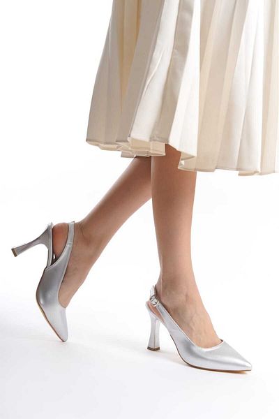 YASEMİN Women's Silver Gray Lame Skin Open Back Buckle Ovis Pointed Toe 8 cm Classic Heeled Shoes - Rhaella