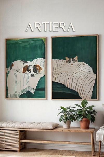 HİGUERA Pictură în ulei de pisică și câine pe fundal verde Feel Dual Wood Framed Wall Painting