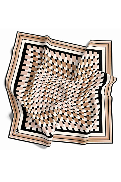 VİOLLA Twill Geometrik Desenli Bej Renkli 90x90 Eşarp (İPEK IÇERMEZ) Kenar Di...