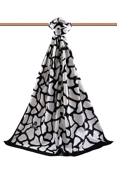 Vissona Luxury Medina Silk Geometric Pattern Μαύρο - Λευκό Χρώμα 75x195 Ανθεκτικό σάλι Moss Crepe Τύπος ραφής