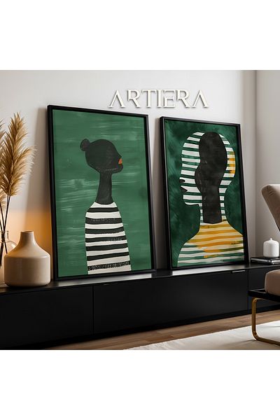 HİGUERA Siluete abstracte cu dungi verde smarald Pictură murală cu rame din lemn natural dublu