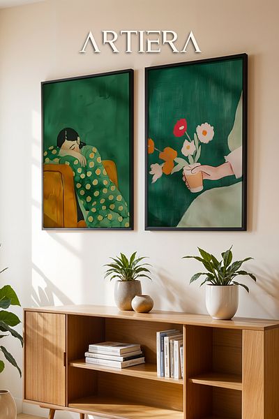 HİGUERA Femeie în odihnă verde smarald și pictură murală cu rame din lemn natural dublu floral