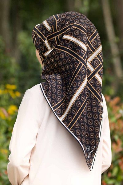 Vissona 100% Twill Silk Gold Striped Monogram Patterned Black - Gold Colored 90X90 Scarf Sewing Shape: Hand Sewing