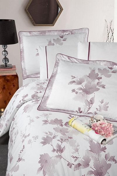 Silkarea Florentina 100% Cotton Satin Duvet Cover Set – Double, Elastic, White-Purple Patterned