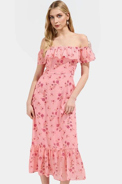 PayBuy Summer Floral Midi Dress Chiffon Woven Lined Carmen Collar Perfect Fit Quality Craftsmanship