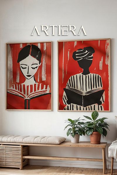 HİGUERA Reading Time Pictură în ulei minimalistă roșie Feel Dual Wood Framed Wall Painting
