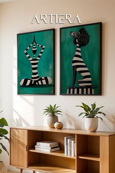 HİGUERA Verde smarald Meditație și Pudel Pictură în ulei Feel Dual Pictură de perete cu rame din lemn