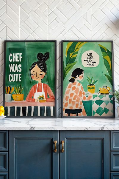 HİGUERA Ilustrație colorată tematică Chef KTB Pictură de perete de bucătărie cu rame din lemn natural