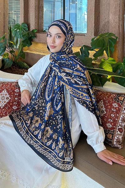 lamelif.com Тъмносиньо златно ретро шарено памучно шалче