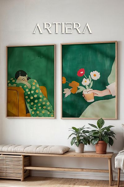 HİGUERA Femeie în odihnă verde smarald și pictură murală cu rame din lemn natural dublu floral