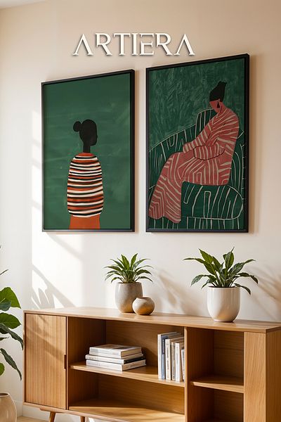HİGUERA Fundal verde smarald și ținute în dungi Pictură în ulei Feel Dual Wood Framed Wall Painting