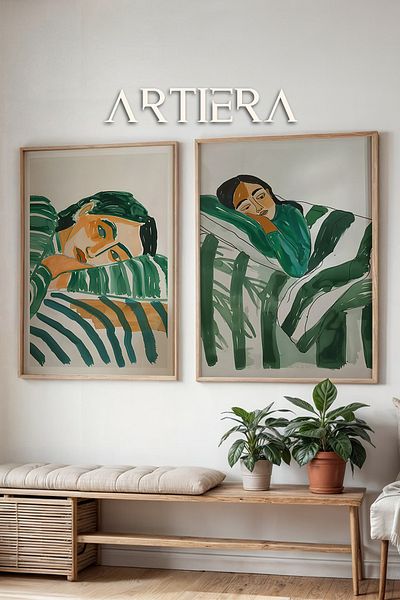 HİGUERA Pictură murală cu cadru dublu din lemn, în linii verzi, simțul liniștii și a visului, pictură în ulei