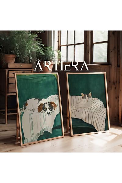 HİGUERA Pictură în ulei de pisică și câine pe fundal verde Feel Dual Wood Framed Wall Painting
