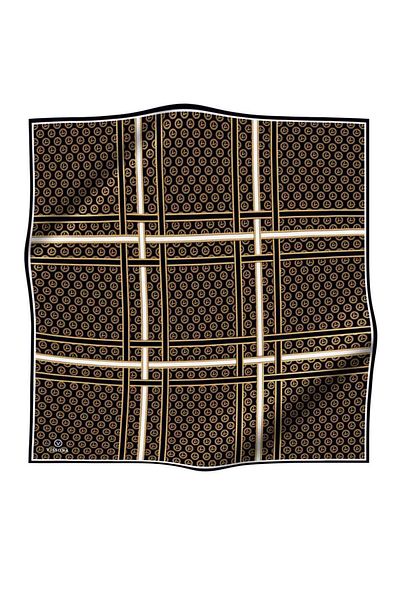 Vissona 100% Twill Silk Gold Striped Monogram Patterned Black - Gold Colored 90X90 Scarf Sewing Shape: Hand Sewing