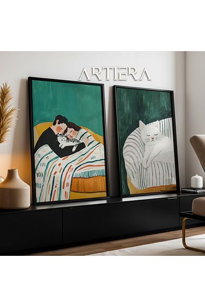HİGUERA Cuplu dormind cu pisica în pat și figura de pisică Pictură în ulei Feel Duo Pictură de perete cu cadru din lemn