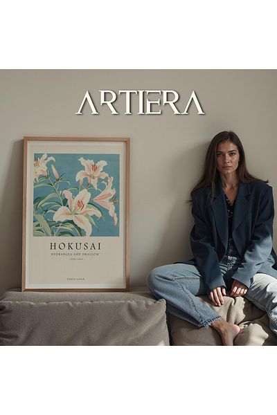 HİGUERA Hokusai Lily – Modern Japandi Art Blue Botanical Themed Wooden Framed Wall Painting