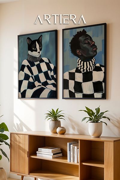 HİGUERA Vopsea în ulei geometrică alb-negru Feel Dual Pictură de perete cu cadru din lemn